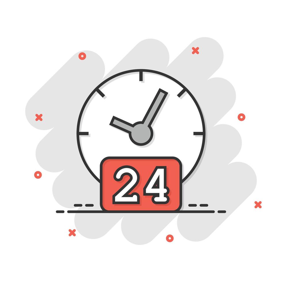 Clock 24 7 icon in comic style. Watch cartoon vector illustration on white isolated background. Timer splash effect business concept.