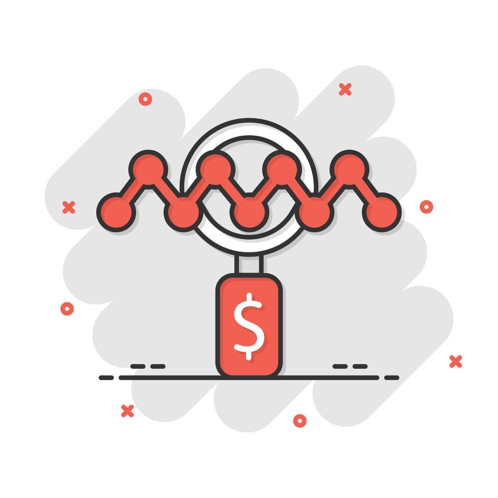 Magnifier glass with money icon in comic style. Dollar search cartoon vector illustration on white isolated background. Financial currency splash effect business concept.