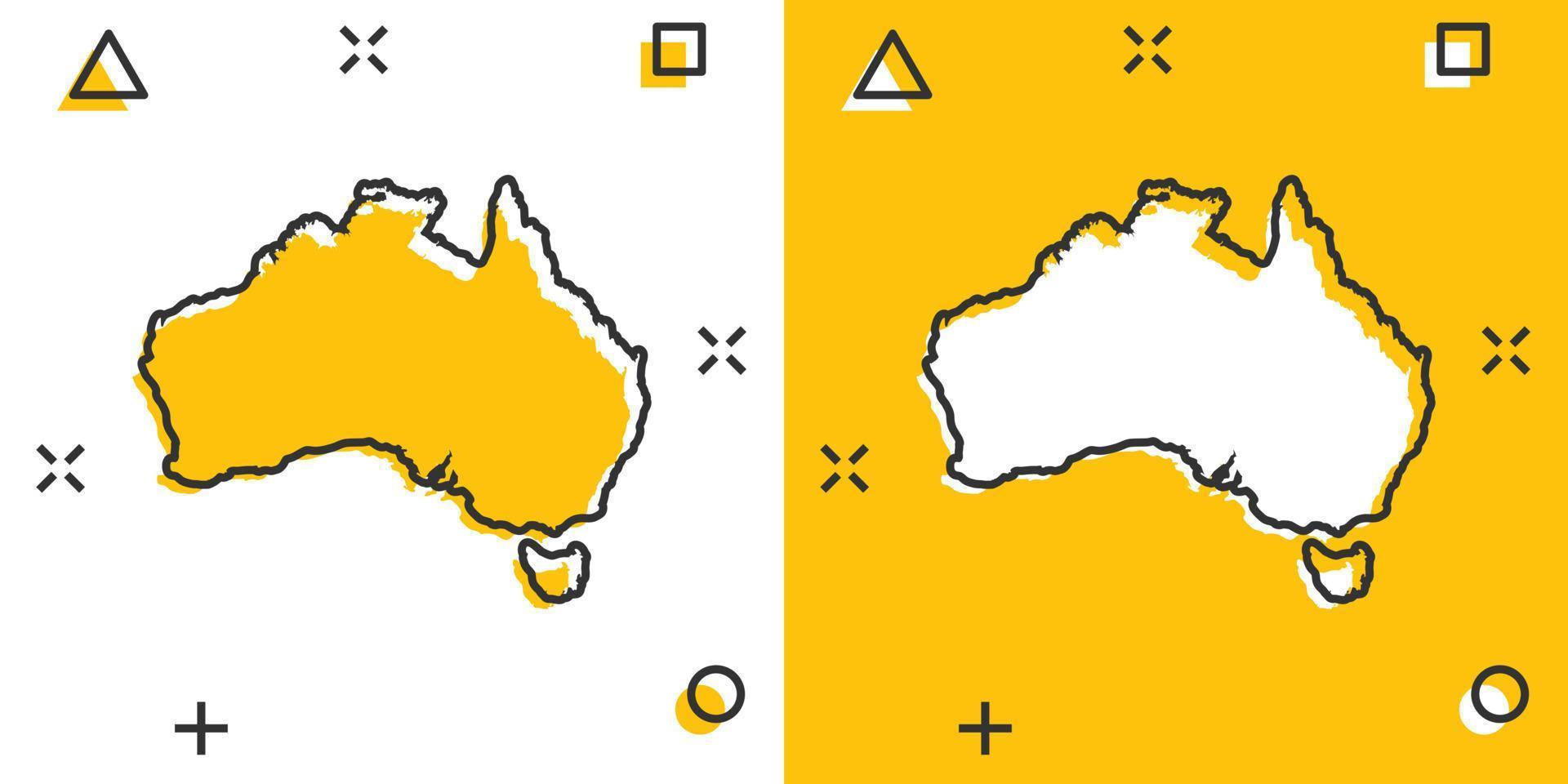 icono de mapa de australia de color de dibujos animados en estilo cómico. pictograma de ilustración de signo de Australia. concepto de negocio de salpicaduras de geografía del país. vector