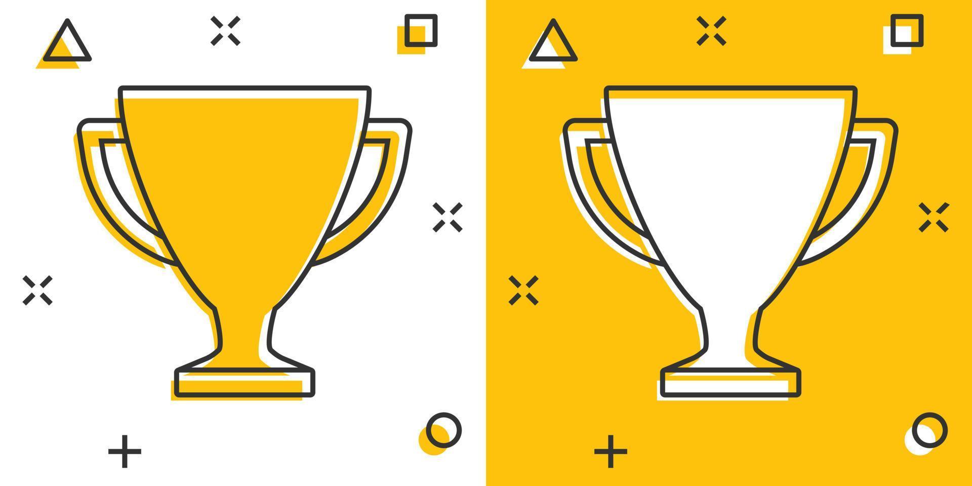 Vector cartoon trophy cup icon in comic style. Winner sign illustration pictogram. Award prize business splash effect concept.
