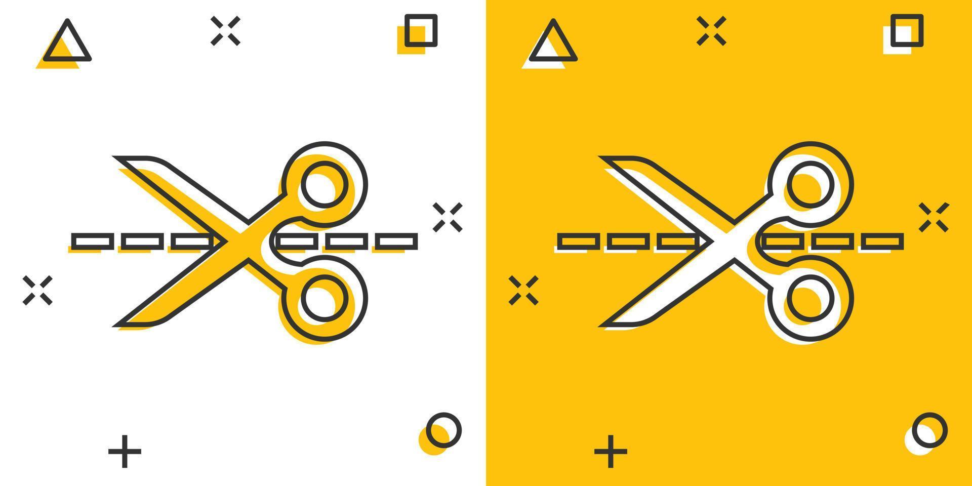 Vector cartoon scissors icon in comic style. Scissor sign illustration pictogram. Shear business splash effect concept.