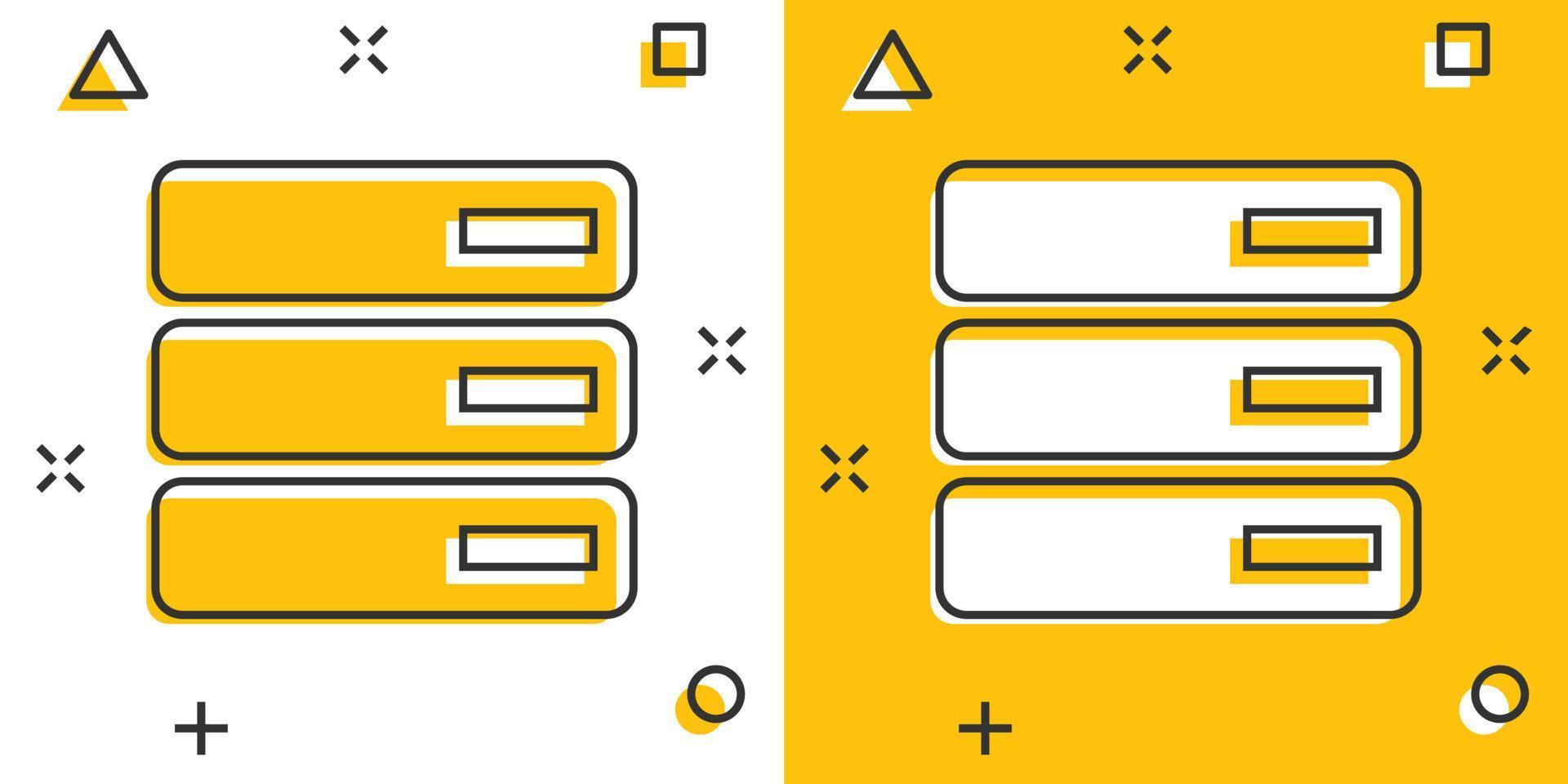 Vector cartoon database, server icon in comic style. Storage sign illustration pictogram. Server business splash effect concept.