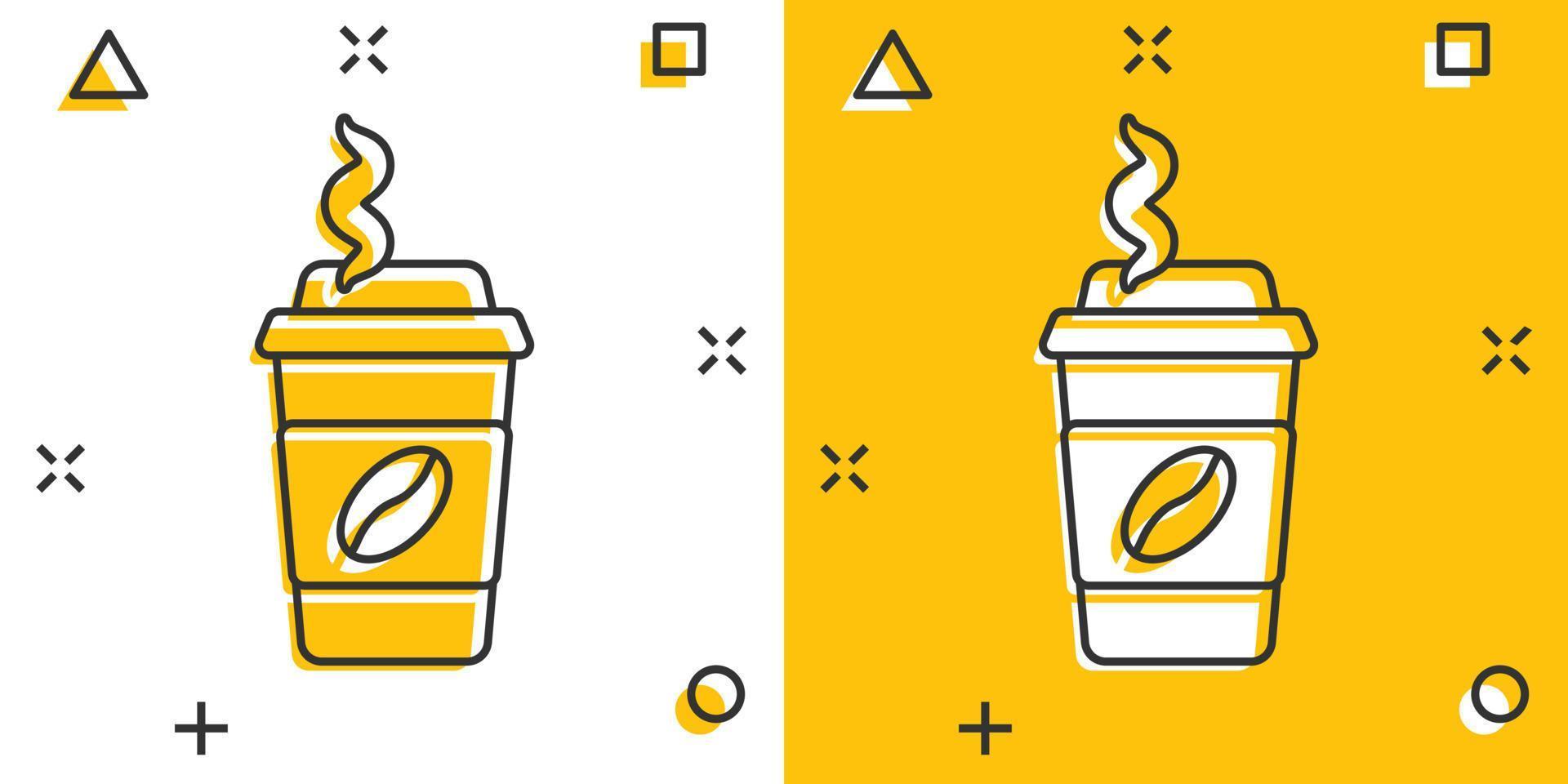 Coffee, tea cup icon in comic style. Coffee mug vector cartoon illustration pictogram. Drink business concept splash effect.