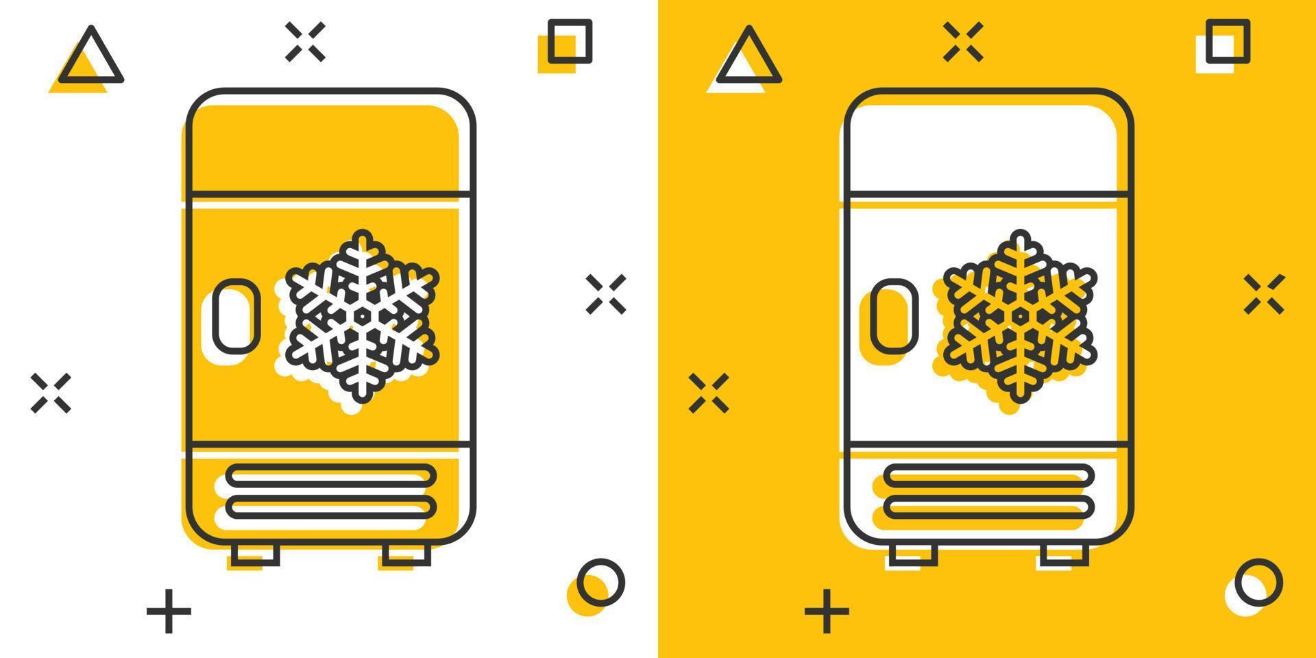 Fridge refrigerator icon in comic style. Freezer container vector cartoon illustration pictogram. Fridge business concept splash effect.