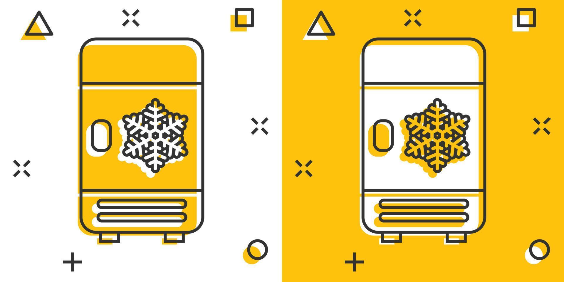 icono de nevera en estilo cómico. Pictograma de ilustración de dibujos animados de vector de contenedor de congelador. efecto de salpicadura de concepto de negocio de nevera.