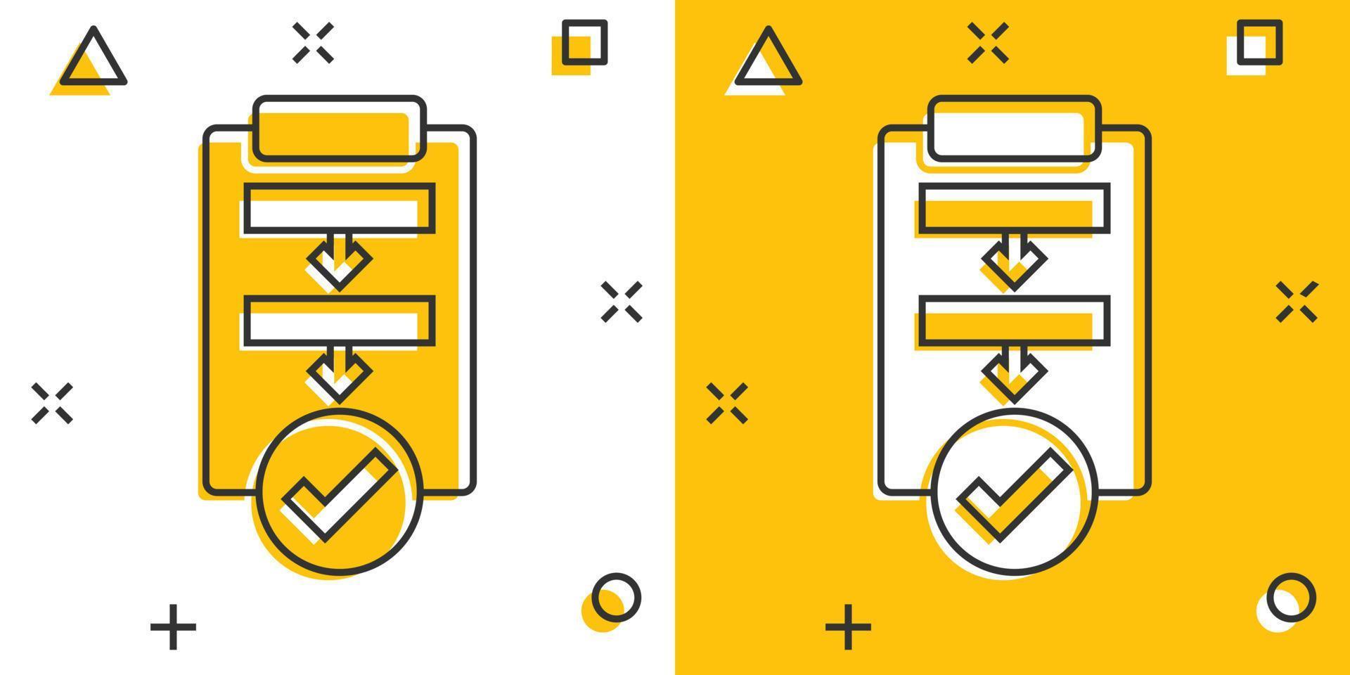 Procedure list icon in comic style. Document project cartoon vector illustration on white isolated background. Checklist splash effect business concept.