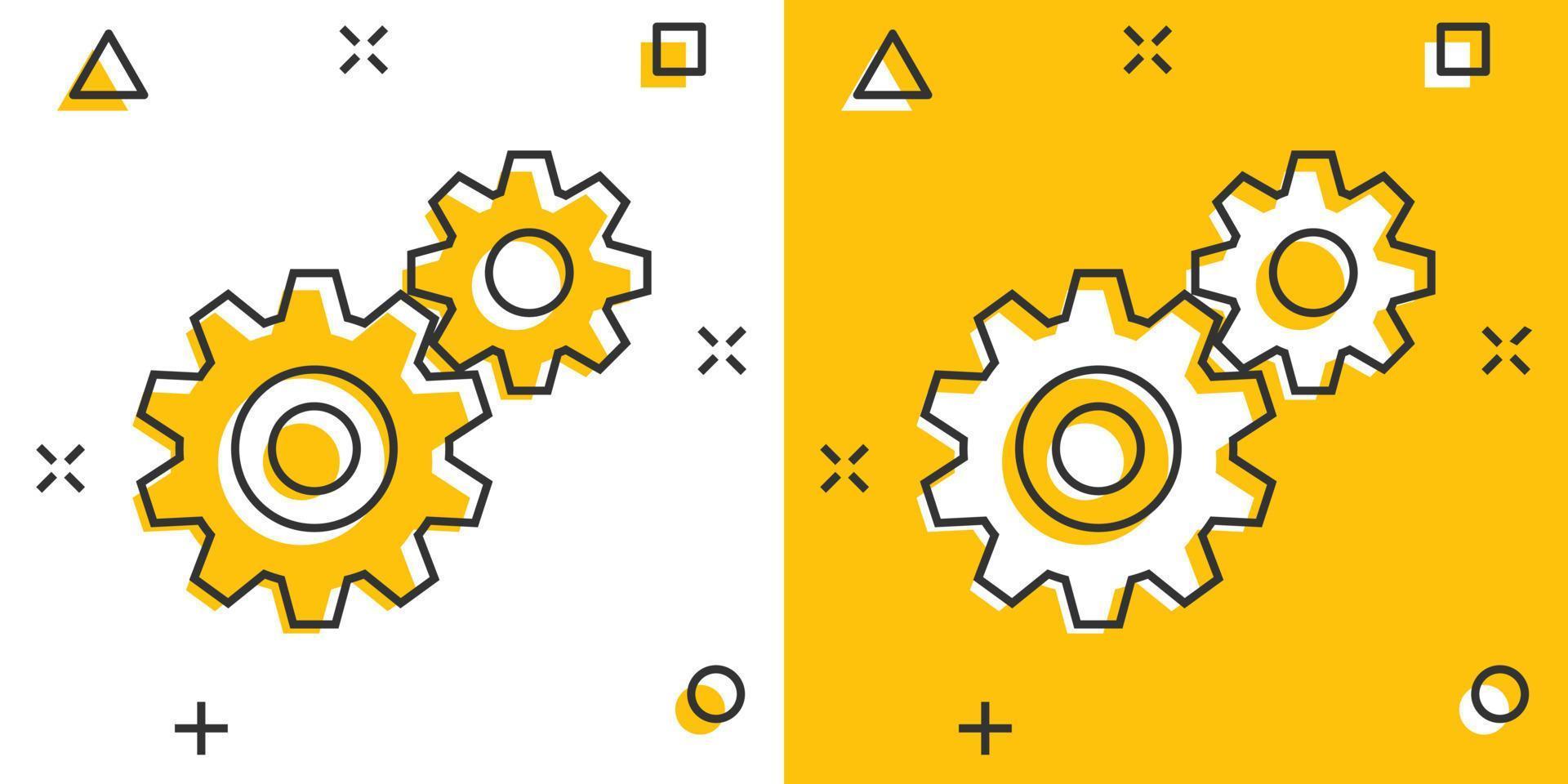 icono de vector de engranaje en estilo cómico. ilustración de dibujos animados de rueda dentada sobre fondo blanco aislado. concepto de negocio de efecto de salpicadura de rueda dentada.