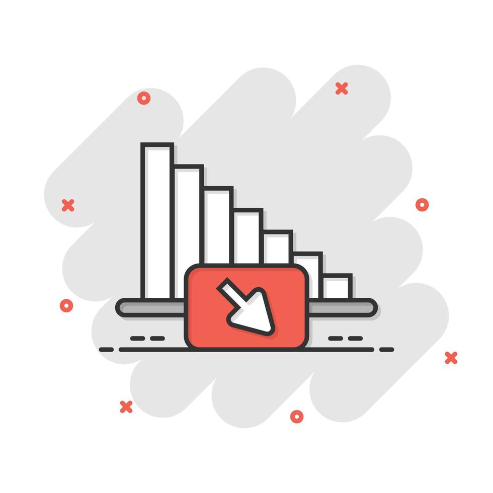Market trend icon in comic style. Decline arrow with magnifier cartoon vector illustration on white isolated background. Decrease splash effect business concept.