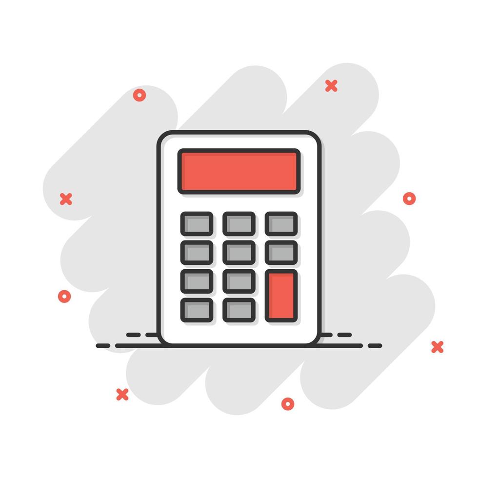 Calculator icon in comic style. Calculate cartoon vector illustration on white isolated background. Calculation splash effect business concept.