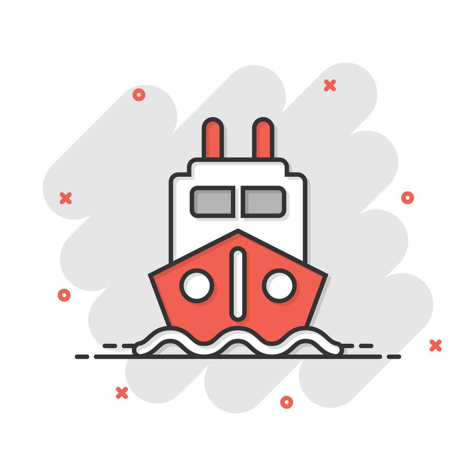 icono de barco de turismo en estilo cómico. ilustración de vector de dibujos animados de barco de pesca sobre fondo blanco aislado. concepto de negocio de efecto de salpicadura de destino de petrolero.