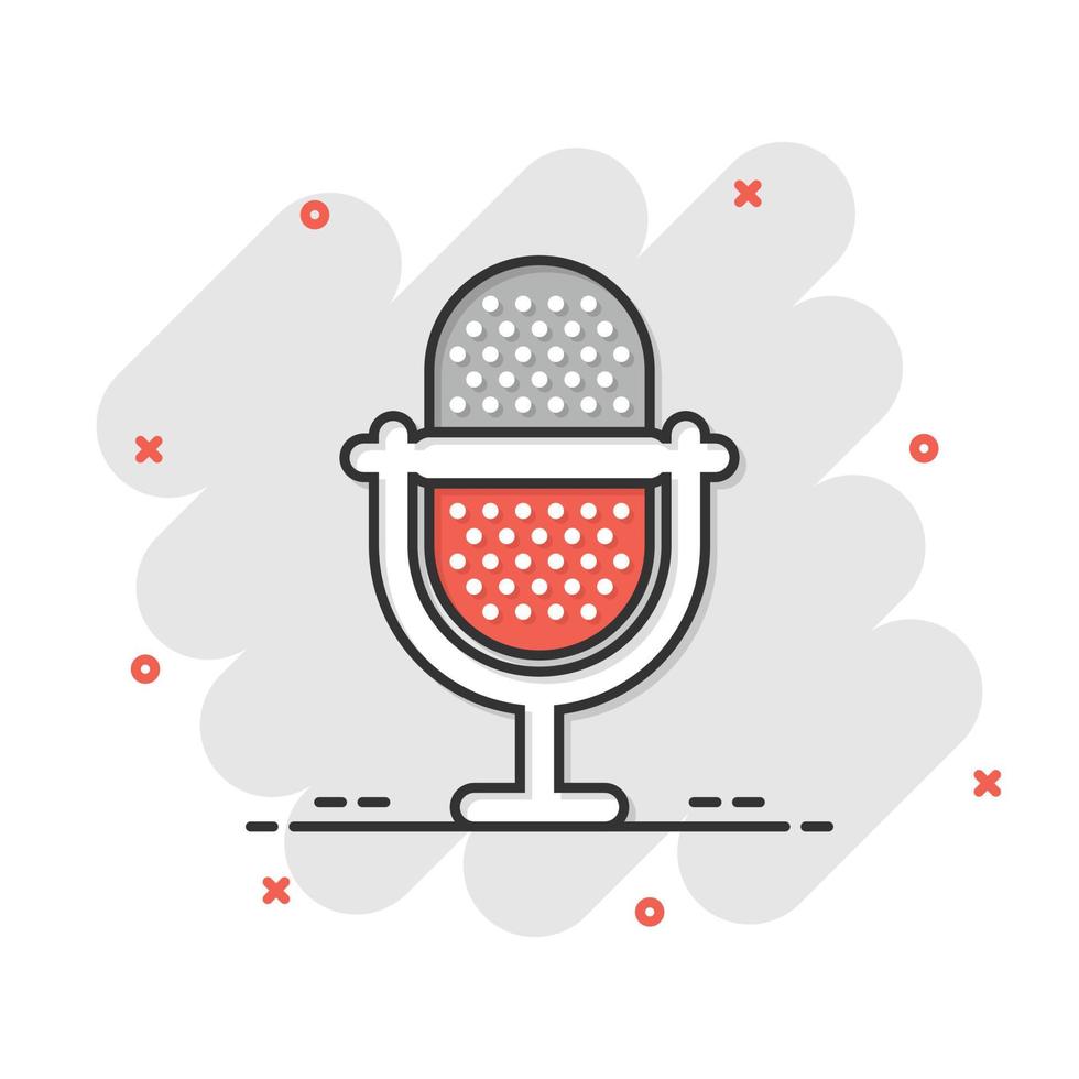Microphone icon in comic style. Studio mike cartoon vector illustration on white isolated background. Audio record splash effect business concept.