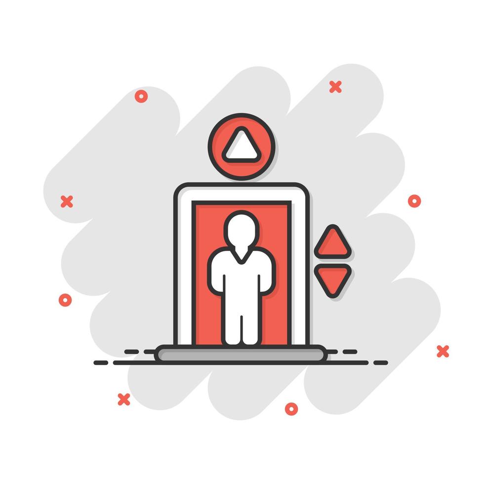 Elevator icon in comic style. Lift cartoon vector illustration on white isolated background. Passenger transportation splash effect business concept.