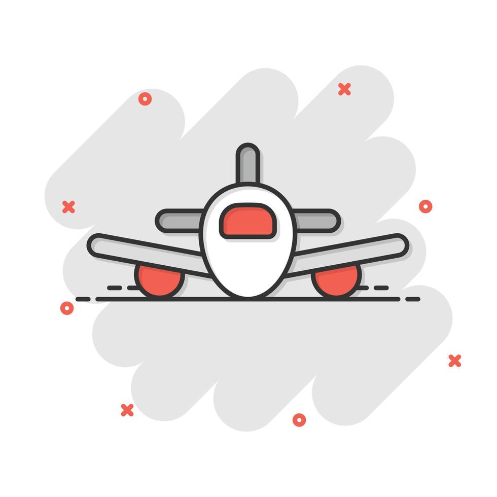 Plane icon in comic style. Airplane cartoon vector illustration on white isolated background. Flight airliner splash effect business concept.