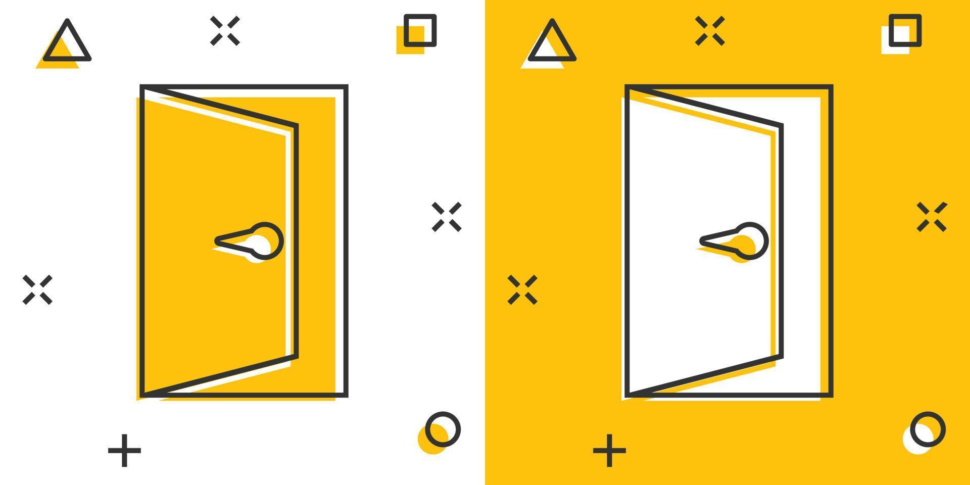 icono de puerta de dibujos animados vectoriales en estilo cómico. Pictograma de ilustración de señal de salida. concepto de efecto de salpicadura de negocio de puerta abierta. vector