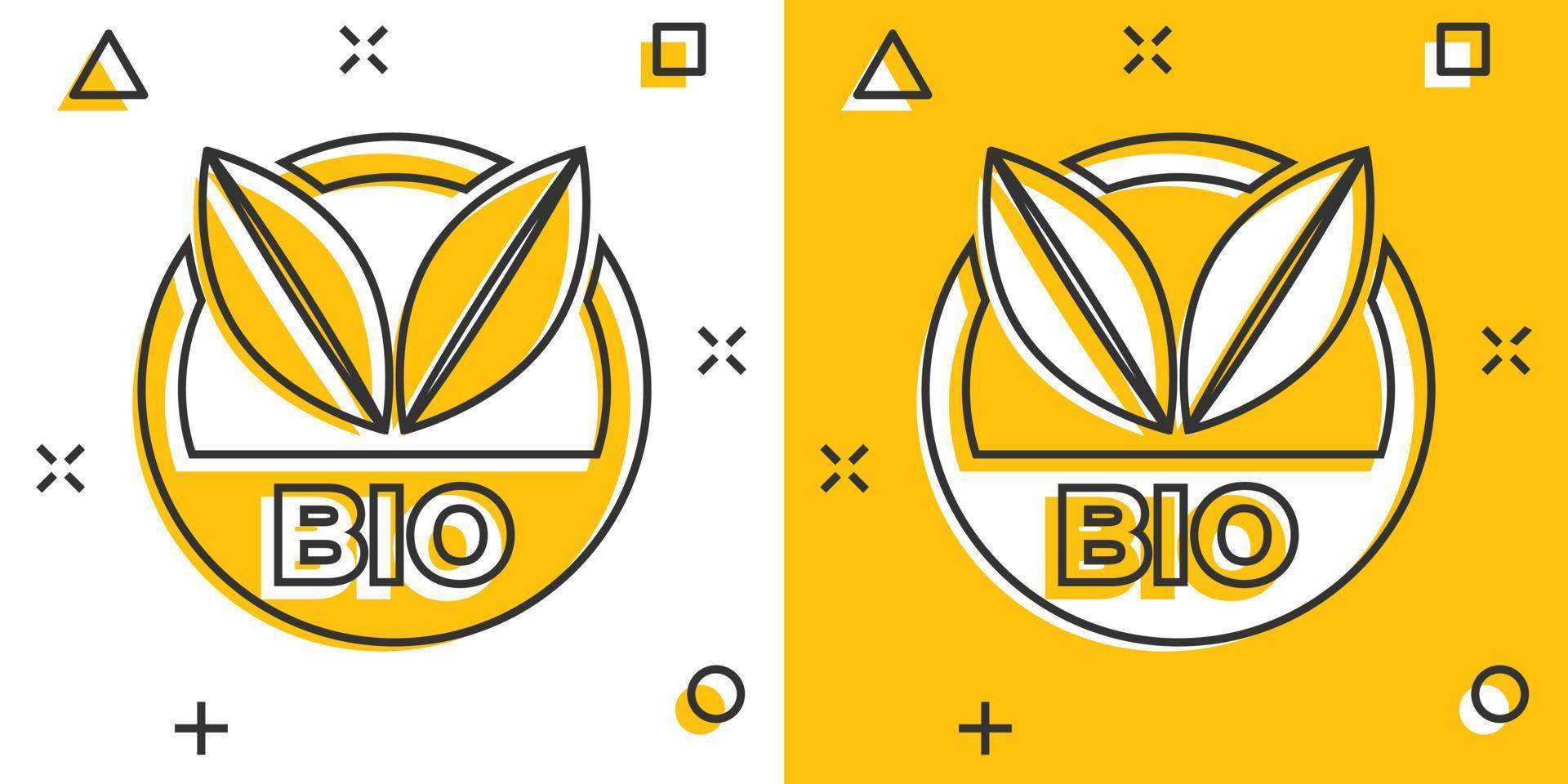 Vector cartoon bio label badge icon in comic style. Eco organic product stamp concept illustration pictogram. Eco natural food business splash effect concept.