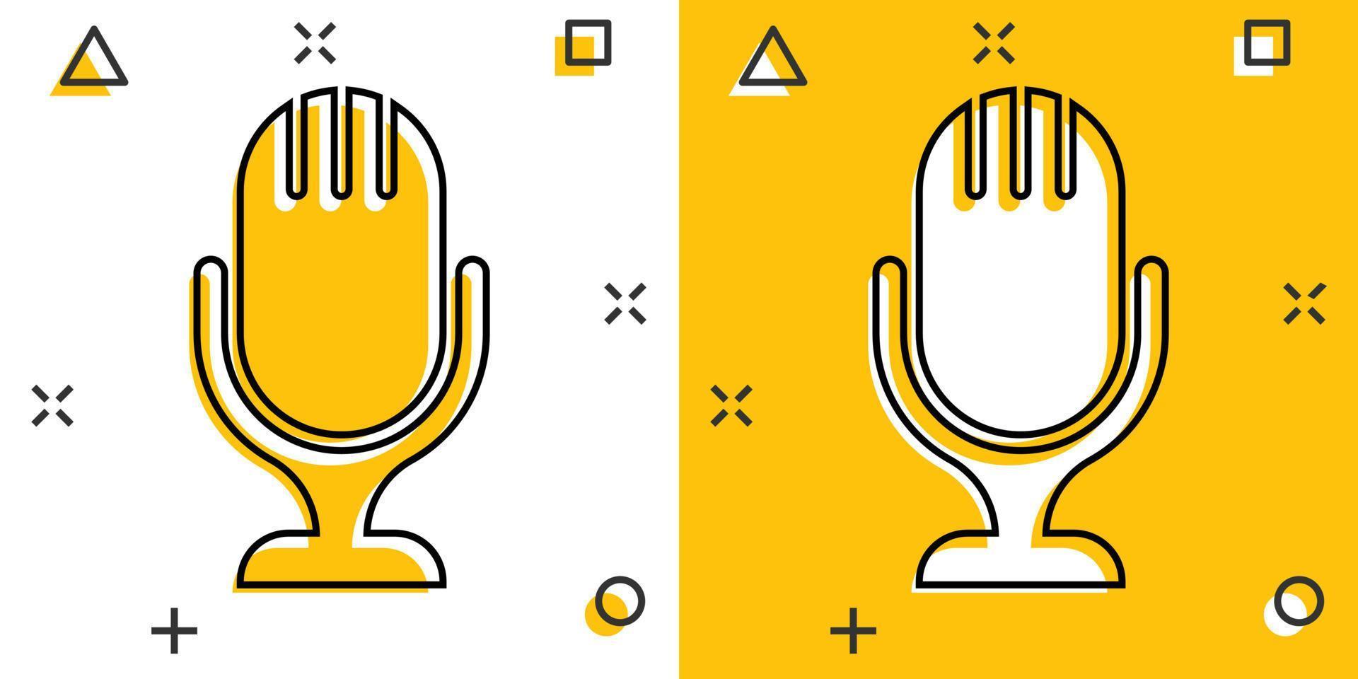 Microphone icon in comic style. Mic broadcast vector cartoon illustration pictogram. Microphone mike speech business concept splash effect.