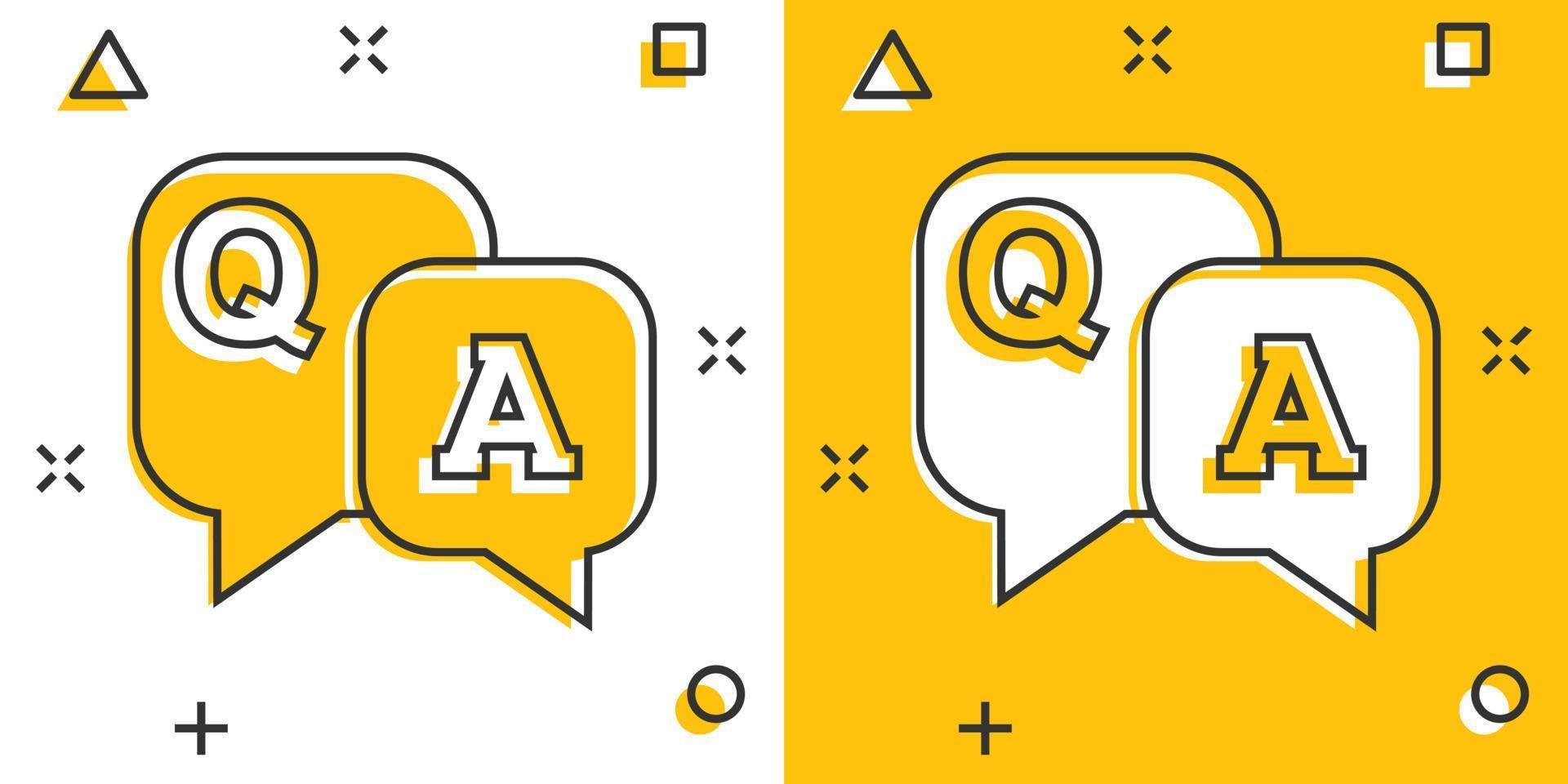 Question and answer icon in comic style. Discussion speech bubble vector cartoon illustration pictogram. Question, answer business concept splash effect.