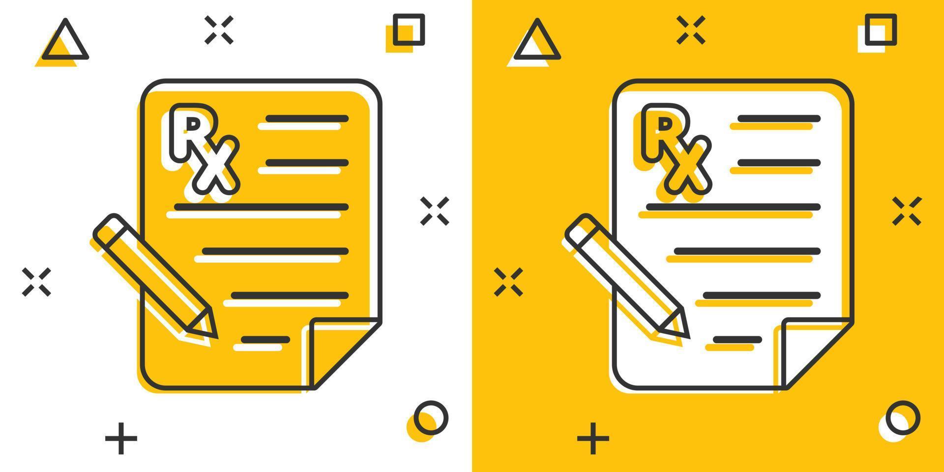 icono de prescripción en estilo cómico. ilustración de vector de dibujos animados de documento rx sobre fondo blanco aislado. concepto de negocio de efecto de salpicadura de papel.