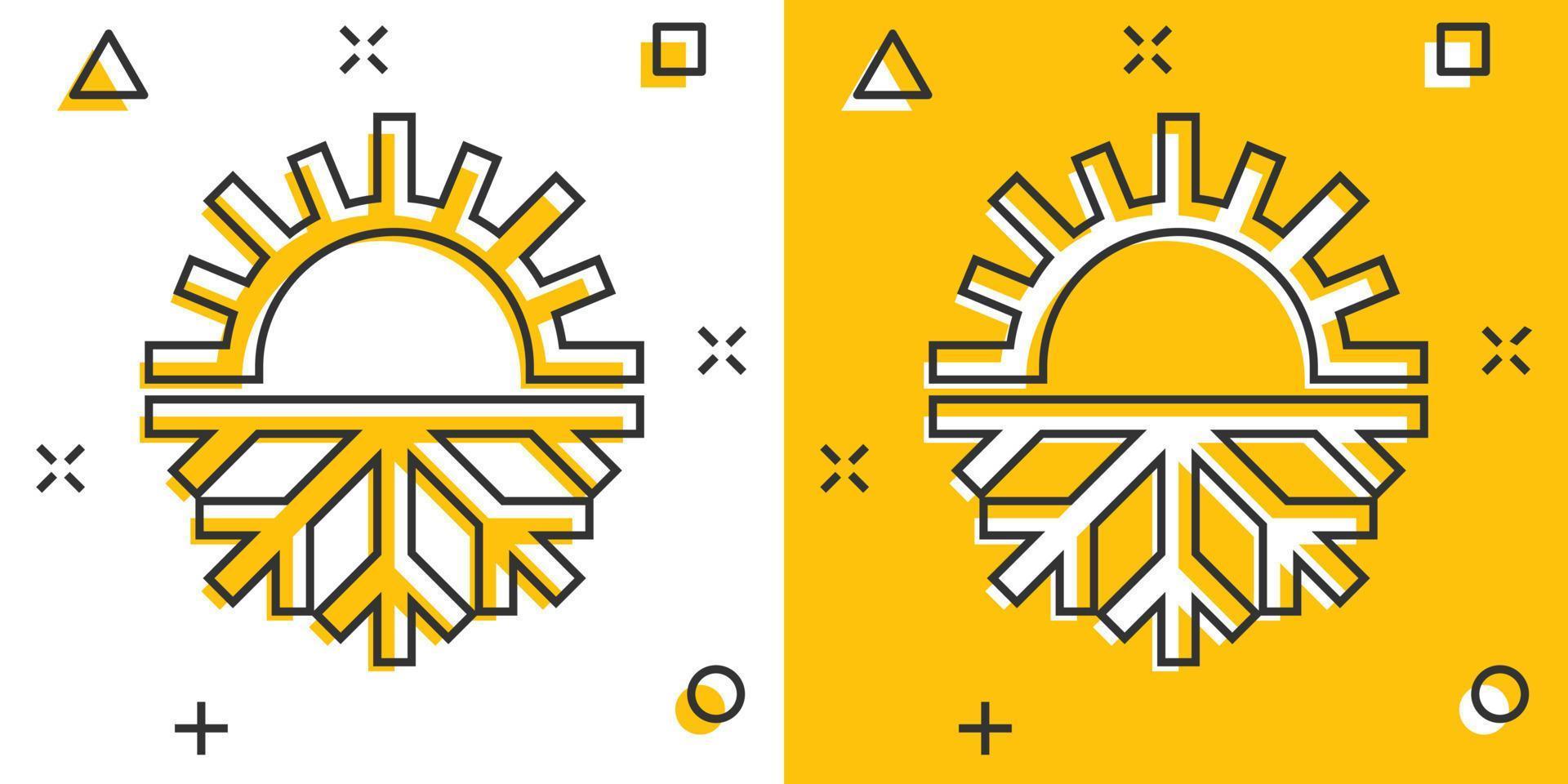 icono de copo de nieve y sol en estilo cómico. ilustración de vector de dibujos animados de control de clima sobre fondo blanco aislado. concepto de negocio de efecto de salpicadura de temperatura fría y caliente.