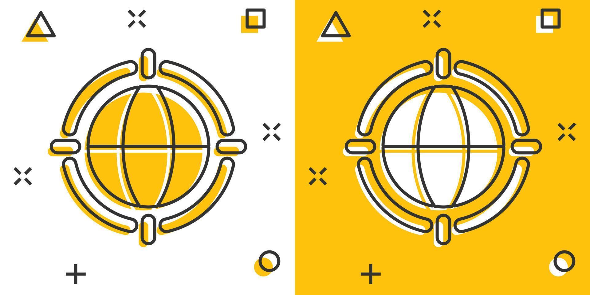 icono del planeta tierra en estilo cómico. ilustración de vector de dibujos animados geográficos de globo sobre fondo blanco aislado. concepto de negocio de efecto de salpicadura de comunicación global.