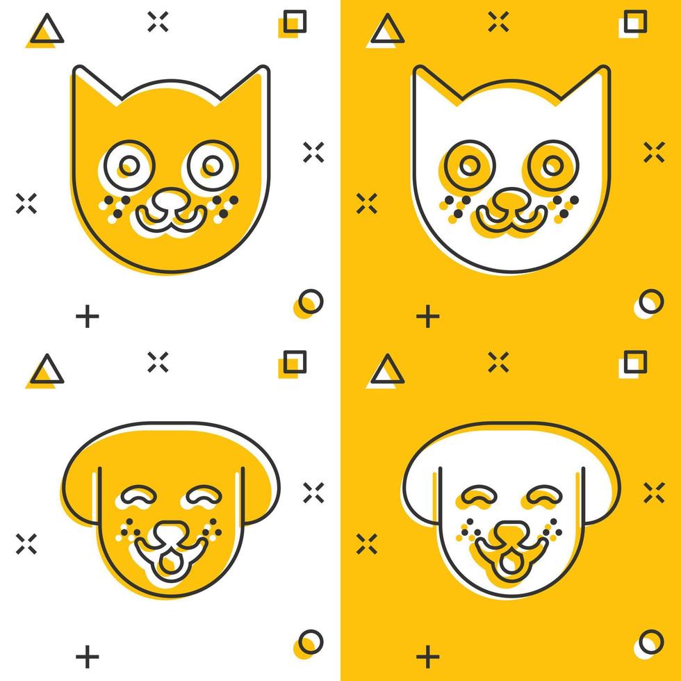 icono de perro y gato en estilo cómico. ilustración vectorial de dibujos animados de cabeza animal sobre fondo blanco aislado. concepto de negocio de efecto de salpicadura de mascota divertida de dibujos animados. vector