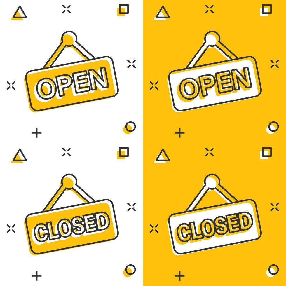 Open, closed sign icon in comic style. Accessibility cartoon vector illustration on white isolated background. Message splash effect business concept.