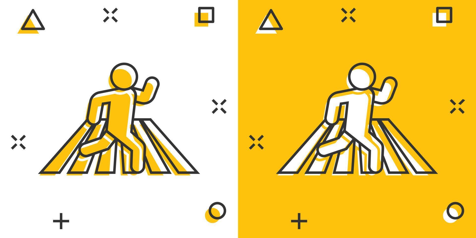 Pedestrian crosswalk icon in comic style. People walkway cartoon sign vector illustration on white isolated background. Navigation splash effect business concept.