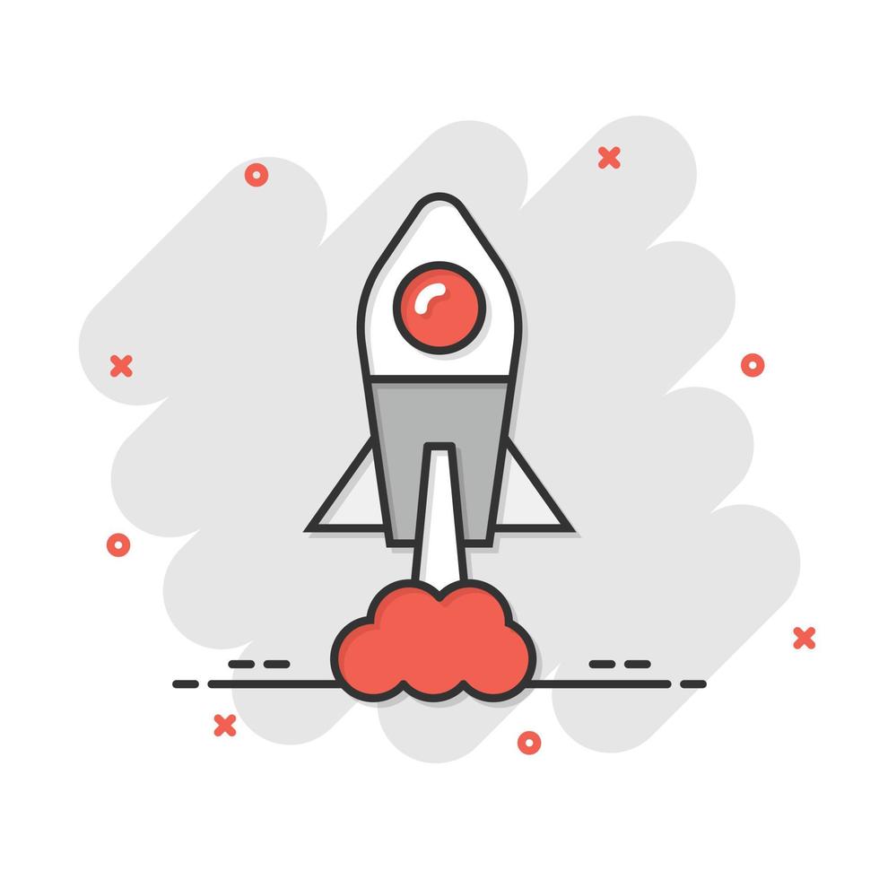 Rocket icon in comic style. Spaceship launch cartoon vector illustration on white isolated background. Sputnik splash effect business concept.