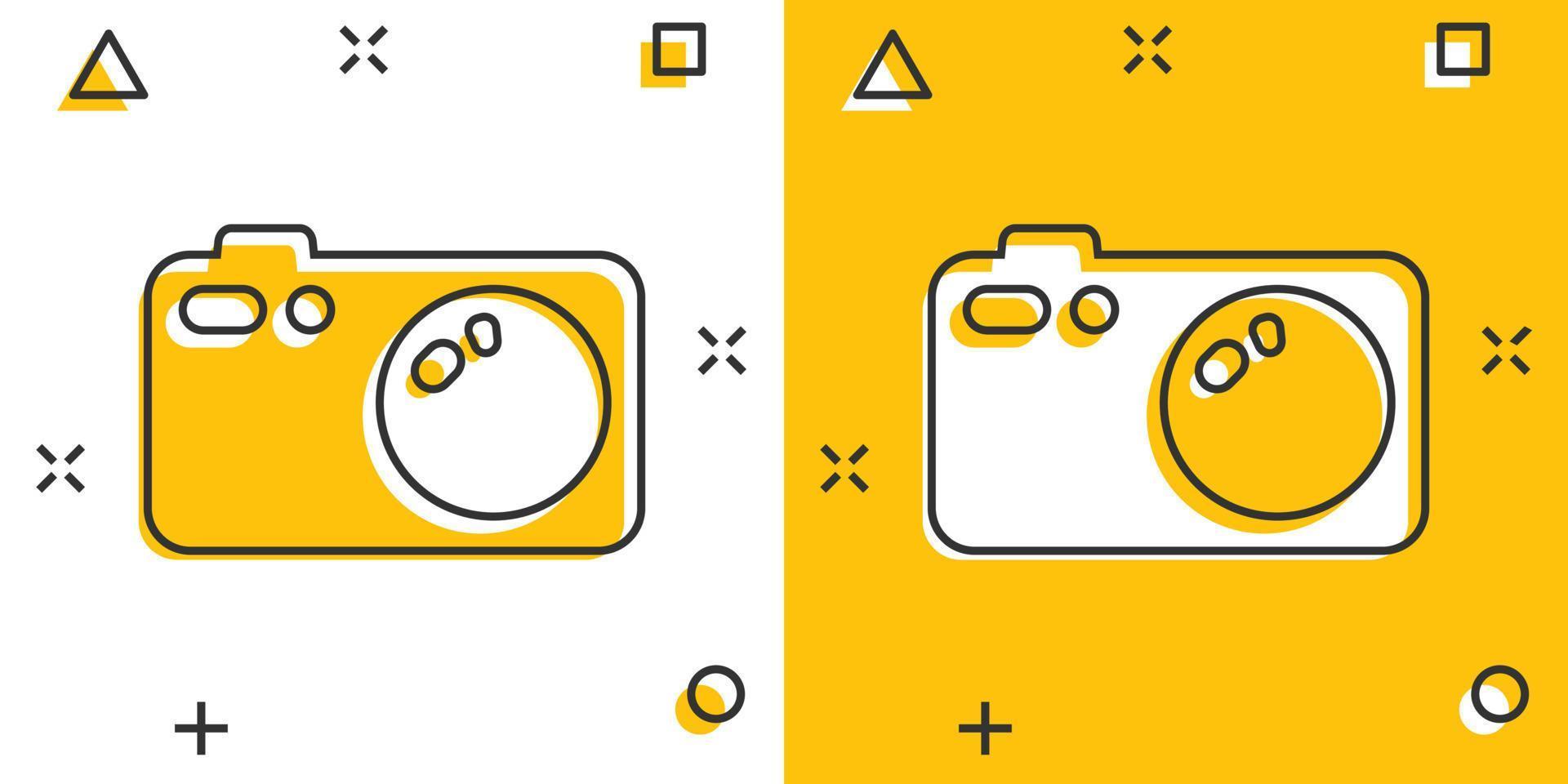 Vector cartoon photo camera icon in comic style. Photographer cam sign illustration pictogram. Camera business splash effect concept.