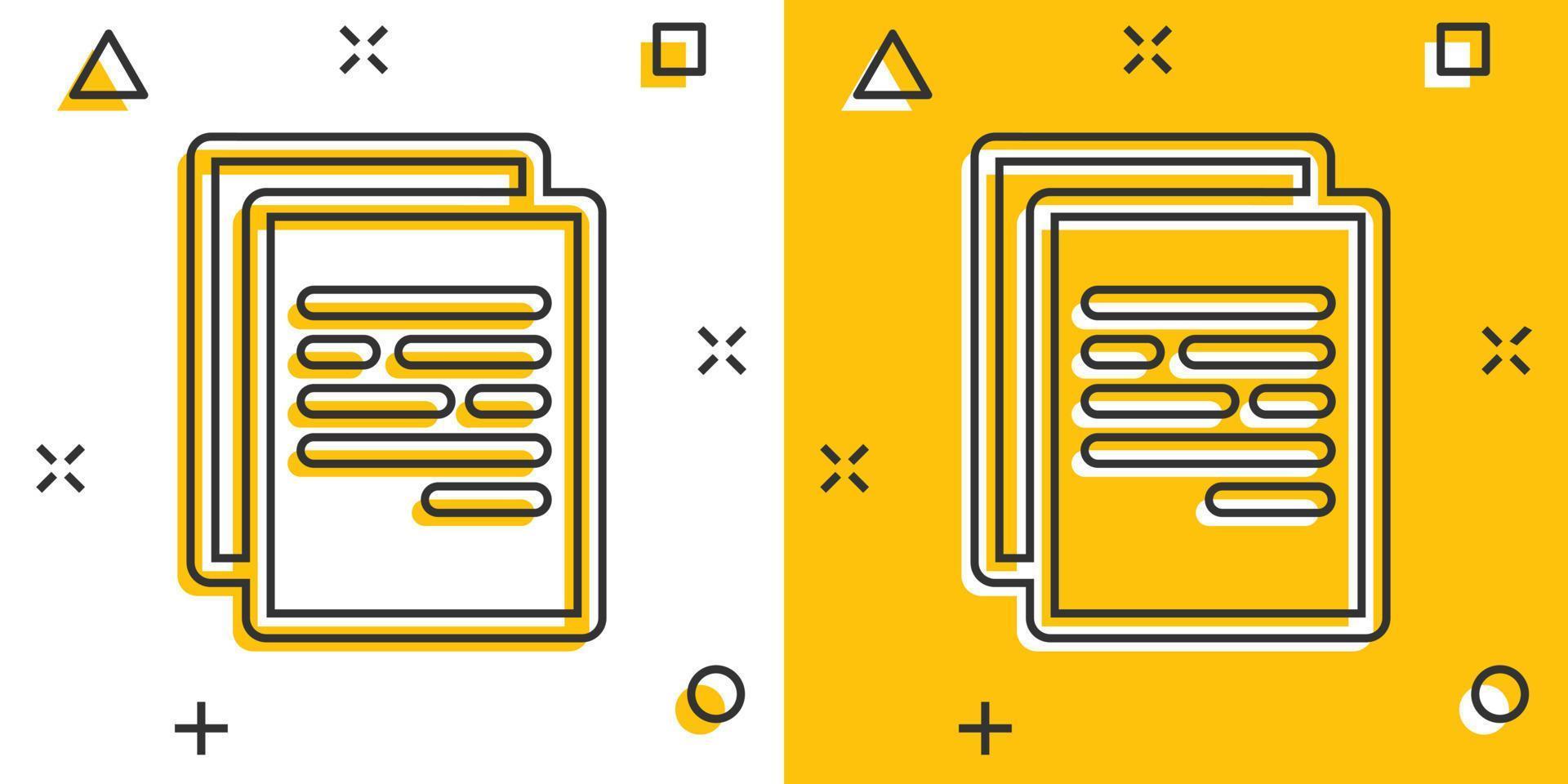 icono de documento de dibujos animados vectoriales en estilo cómico. pictograma de ilustración de signo de página de papel. tenga en cuenta el concepto de efecto de salpicadura empresarial. vector