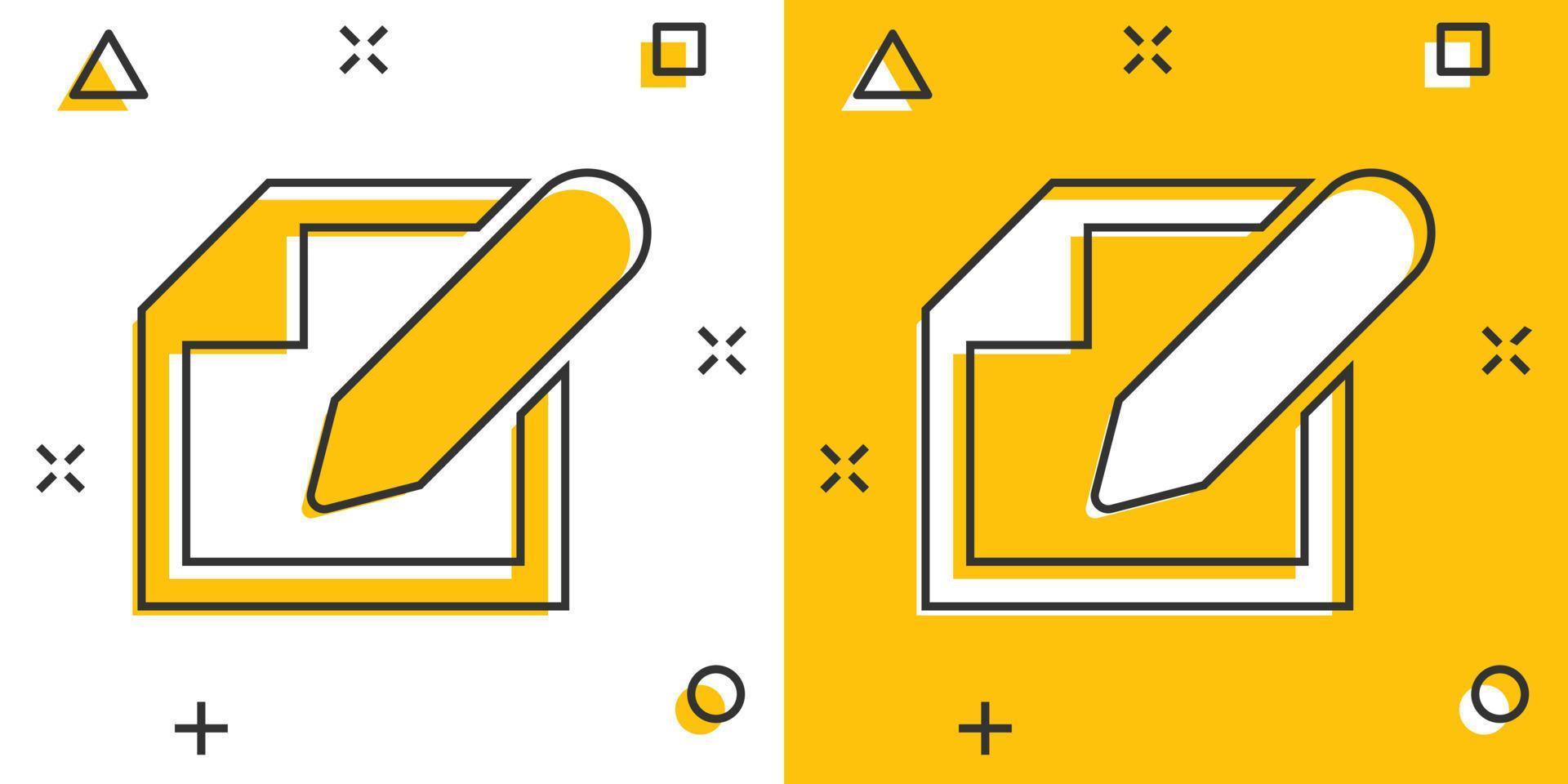 Vector cartoon notepad edit document with pencil icon in comic style. Notepad concept illustration pictogram. Document business splash effect concept.