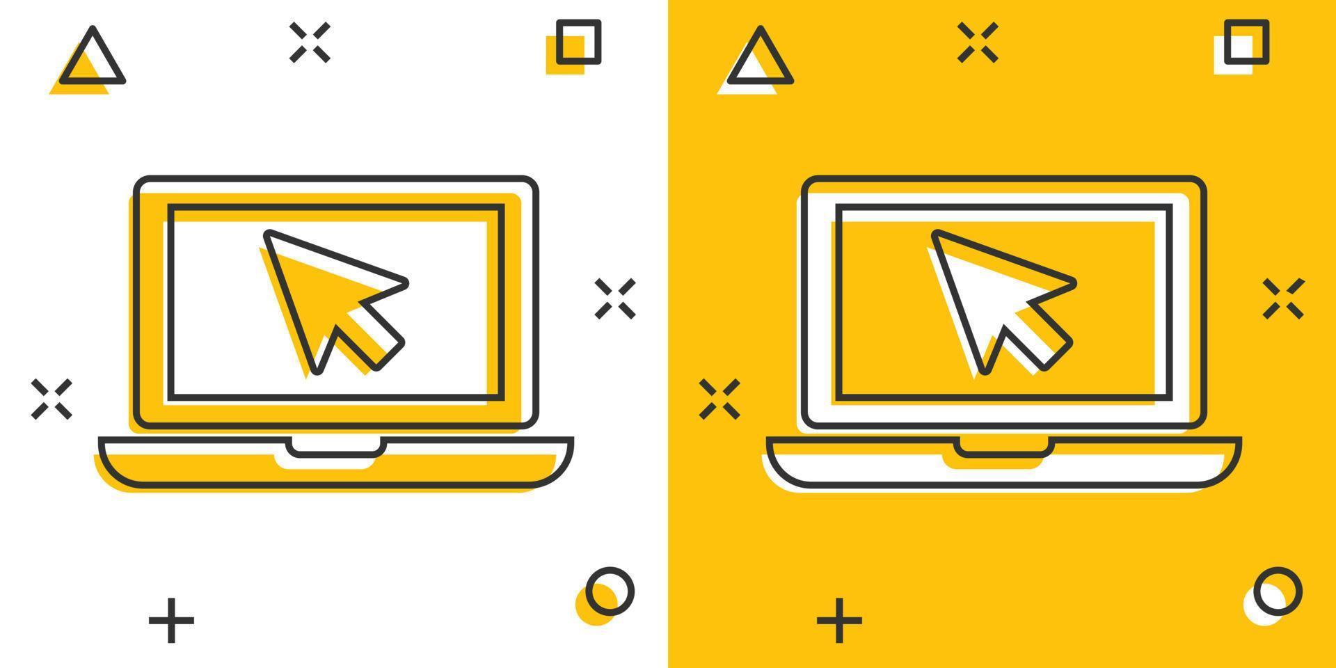 Vector cartoon laptop notebook with mouse cursor icon in comic style. Laptop screen illustration pictogram. Computer monitor business splash effect concept.