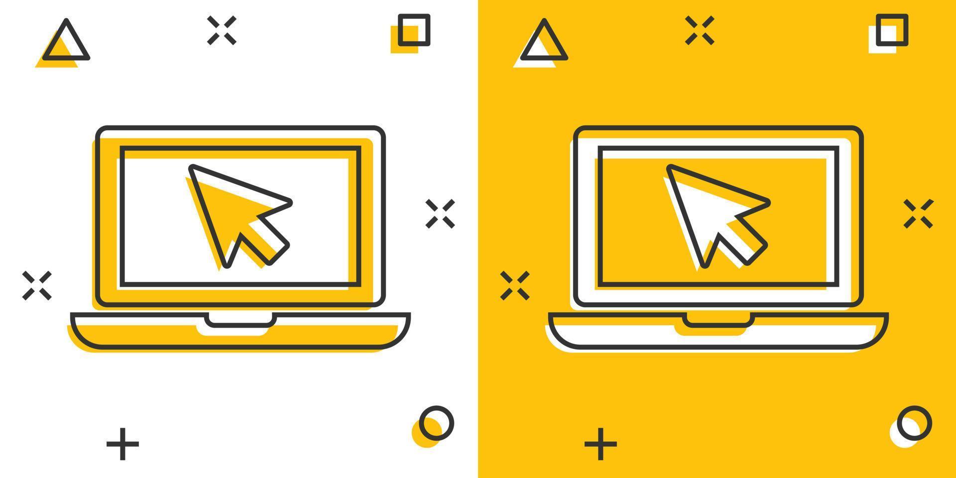 portátil de dibujos animados vectoriales con icono de cursor de ratón en estilo cómico. pictograma de ilustración de pantalla de portátil. concepto de efecto de salpicadura de negocio de monitor de computadora. vector