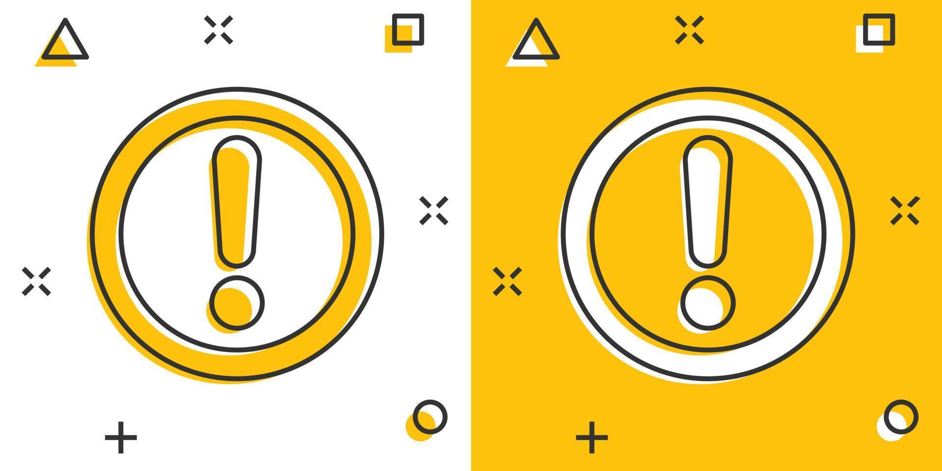 Exclamation mark icon in comic style. Danger alarm vector cartoon illustration pictogram. Caution risk business concept splash effect.