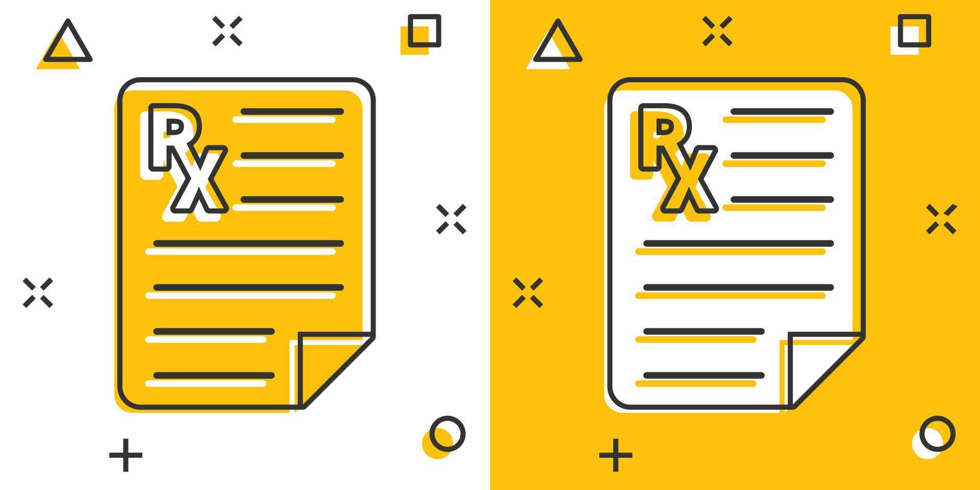 icono de prescripción en estilo cómico. ilustración de vector de dibujos animados de documento rx sobre fondo blanco aislado. concepto de negocio de efecto de salpicadura de papel.