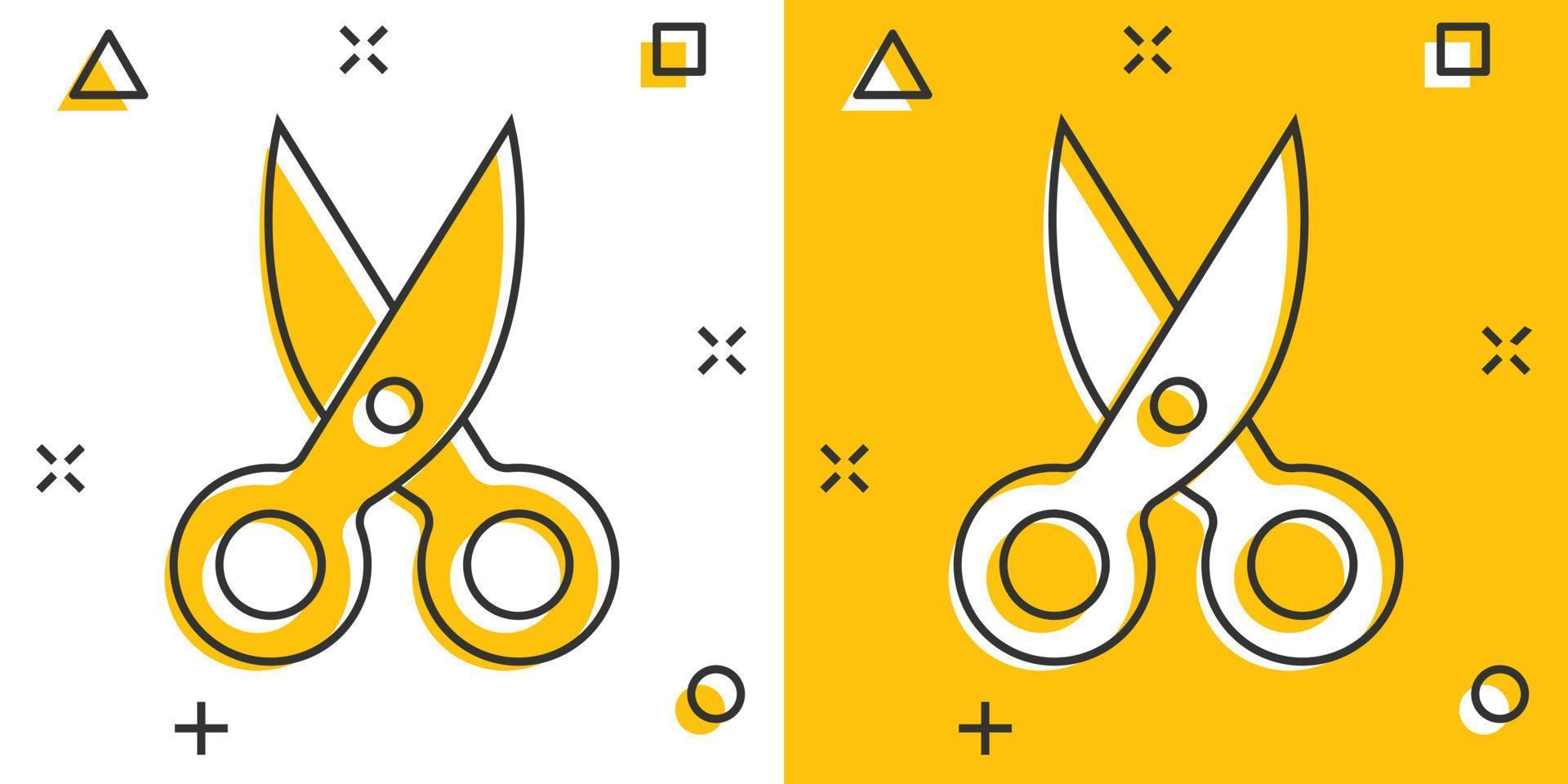 Scissor icon in comic style. Cut equipment cartoon vector illustration on white isolated background. Cutter splash effect business concept.