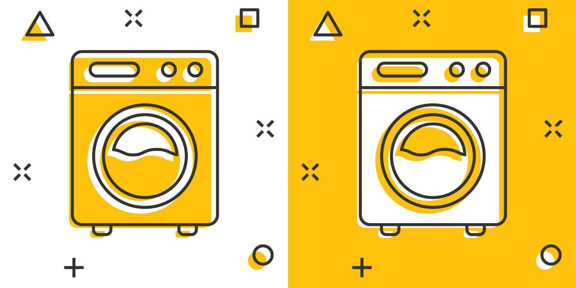 Washing machine icon in comic style. Washer cartoon vector illustration on white isolated background. Laundry splash effect business concept.