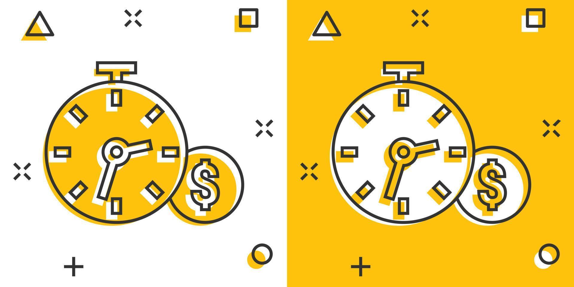el tiempo es icono de dinero en estilo cómico. reloj con ilustración de vector de dibujos animados de dólar sobre fondo blanco aislado. concepto de negocio de efecto de salpicadura de moneda.