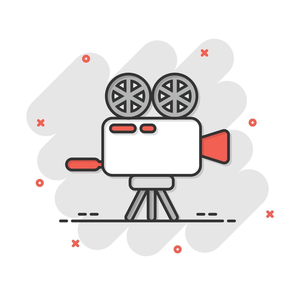 Projector icon in comic style. Cinema camera cartoon vector illustration on white isolated background. Movie splash effect business concept.