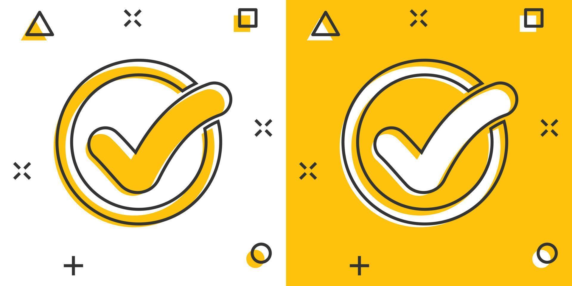 Cartoon check mark icon in comic style. Approved illustration pictogram. Ok sign splash business concept. vector