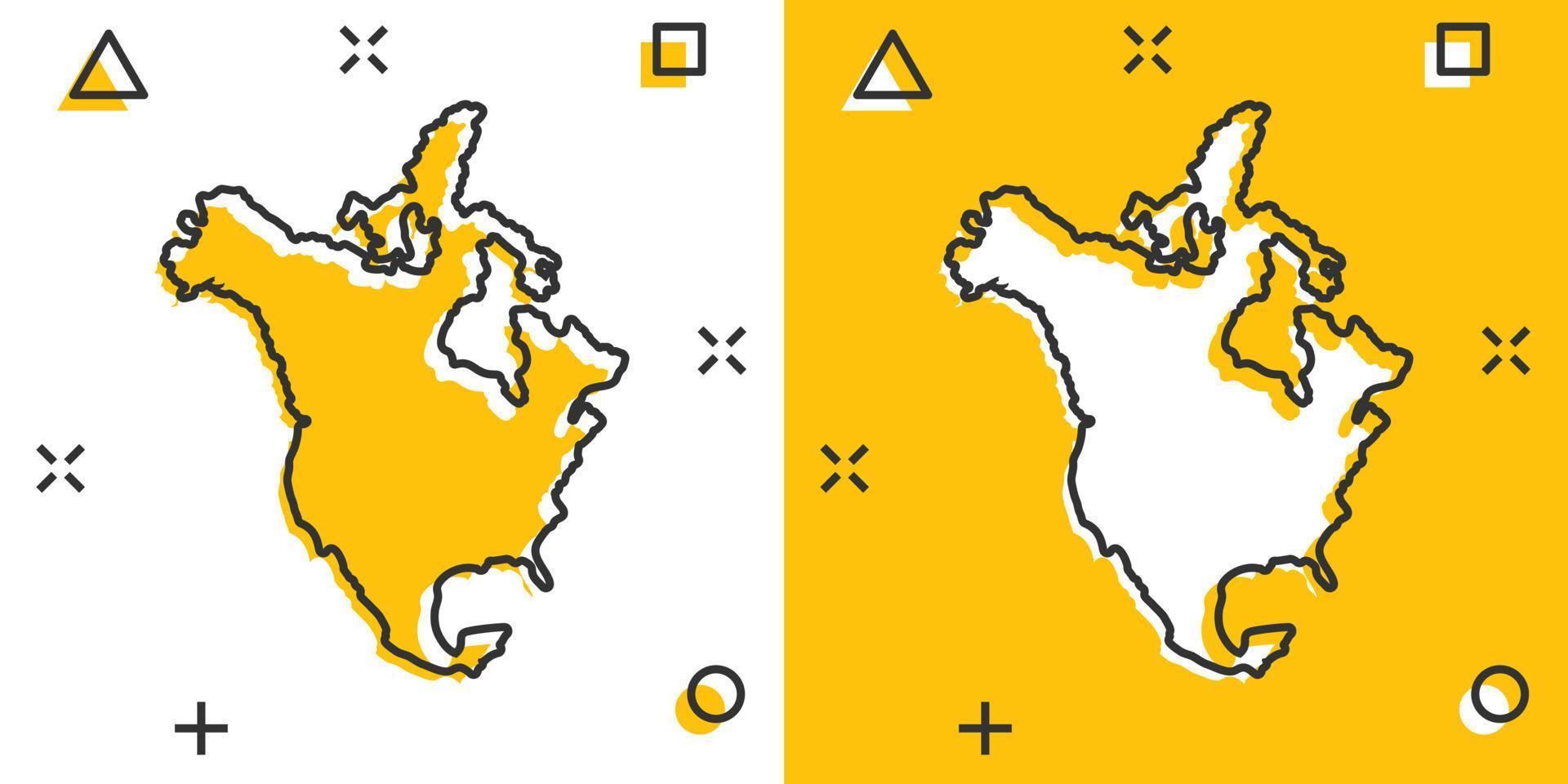 icono de mapa de américa del norte de color de dibujos animados en estilo cómico. pictograma de ilustración de signo de américa del norte. concepto de negocio de salpicaduras de geografía del país. vector