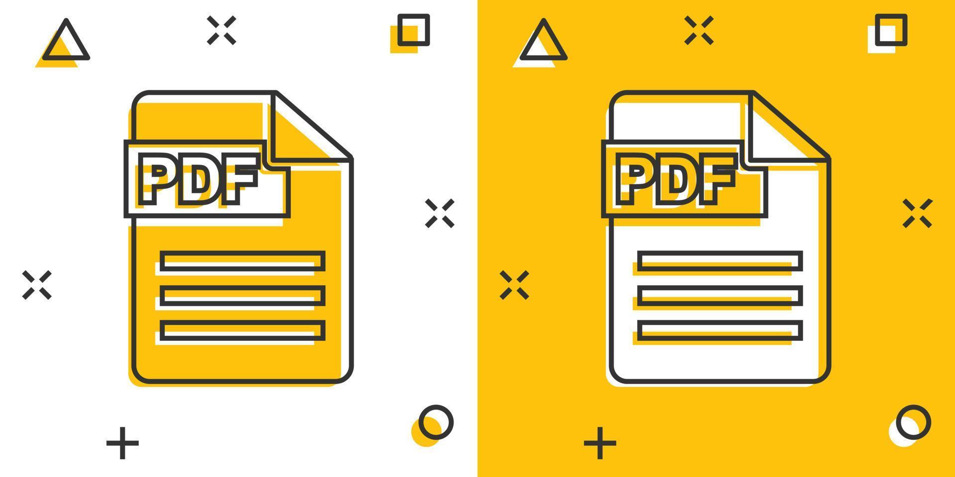 icono de descarga de pdf de dibujos animados vectoriales en estilo cómico. pictograma de ilustración de signo de formato pdf. concepto de efecto de salpicadura de negocio de documento. vector