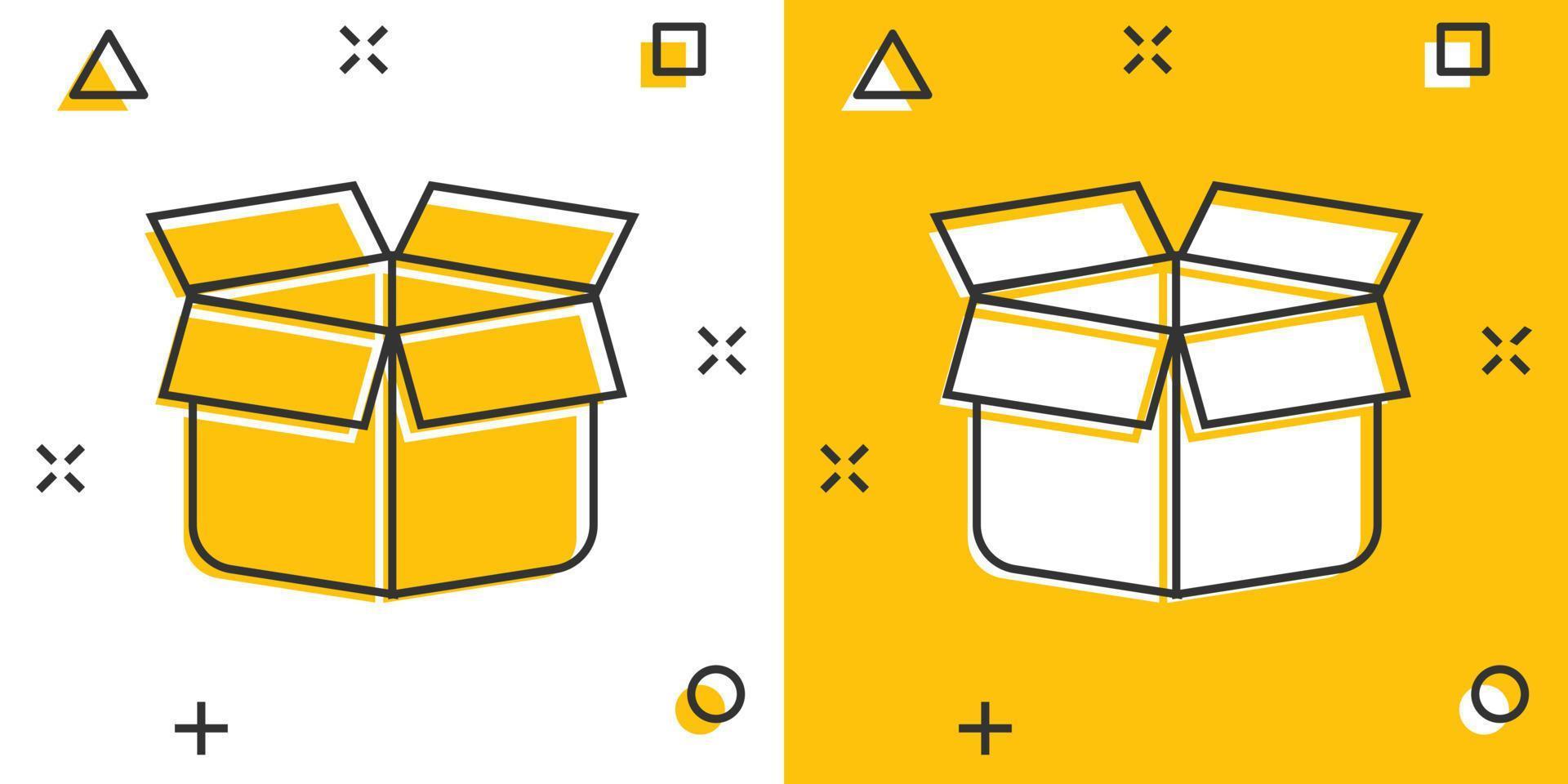 icono de caja de embalaje de dibujos animados vectoriales en estilo cómico. pictograma de ilustración de signo de paquete de envío. concepto de efecto de salpicadura de negocio de caja. vector