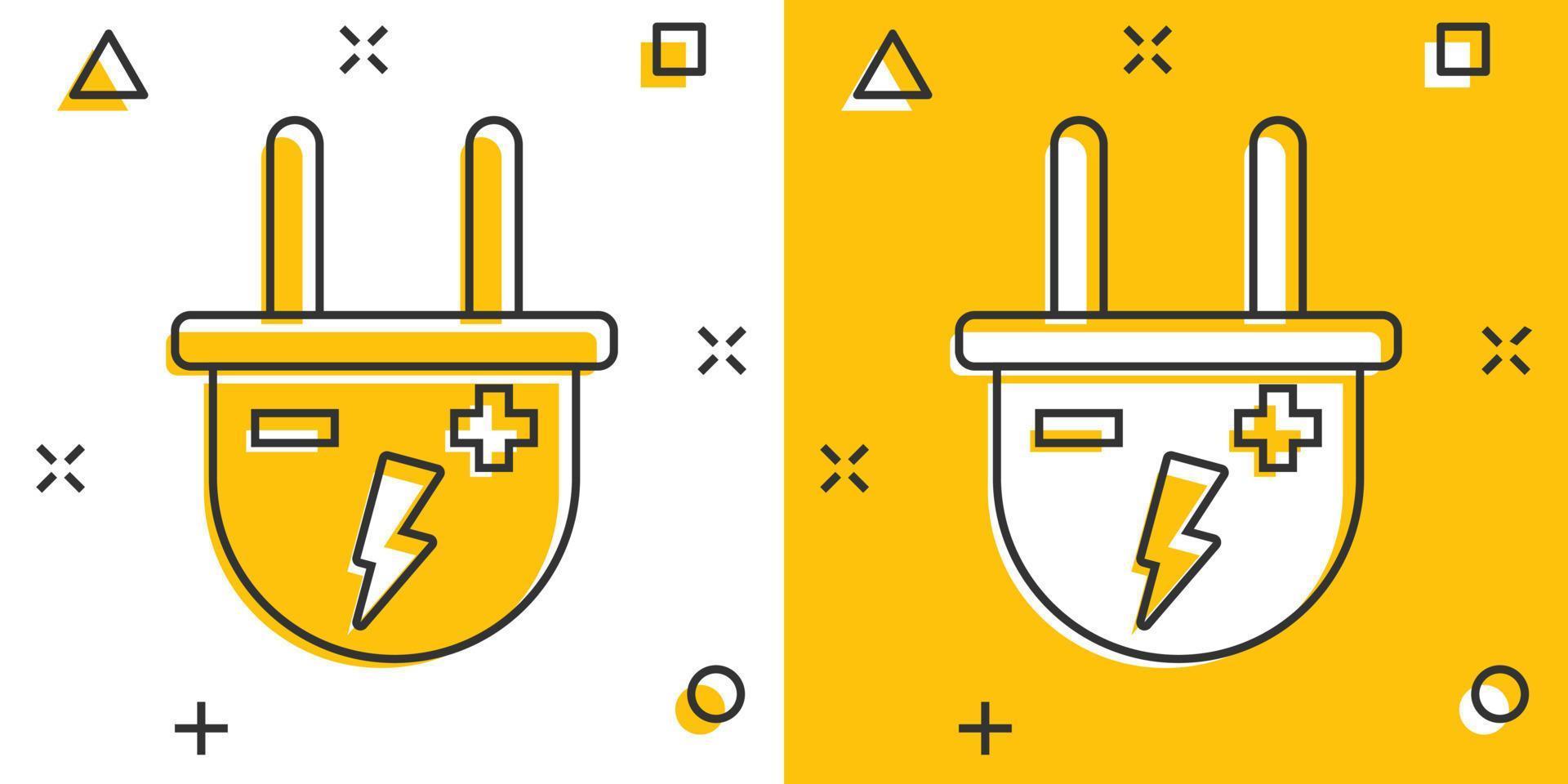 icono de enchufe eléctrico de dibujos animados vectoriales en estilo cómico. pictograma de ilustración de señal de cable de alimentación. concepto de efecto de salpicadura de negocio de alambre. vector