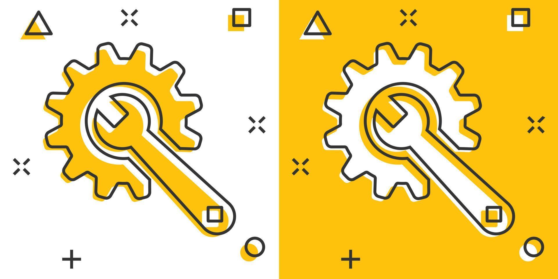 icono de herramienta de servicio de dibujos animados vectoriales en estilo cómico. rueda dentada con pictograma de ilustración de signo de llave. concepto de efecto de salpicadura de negocio de taller. vector