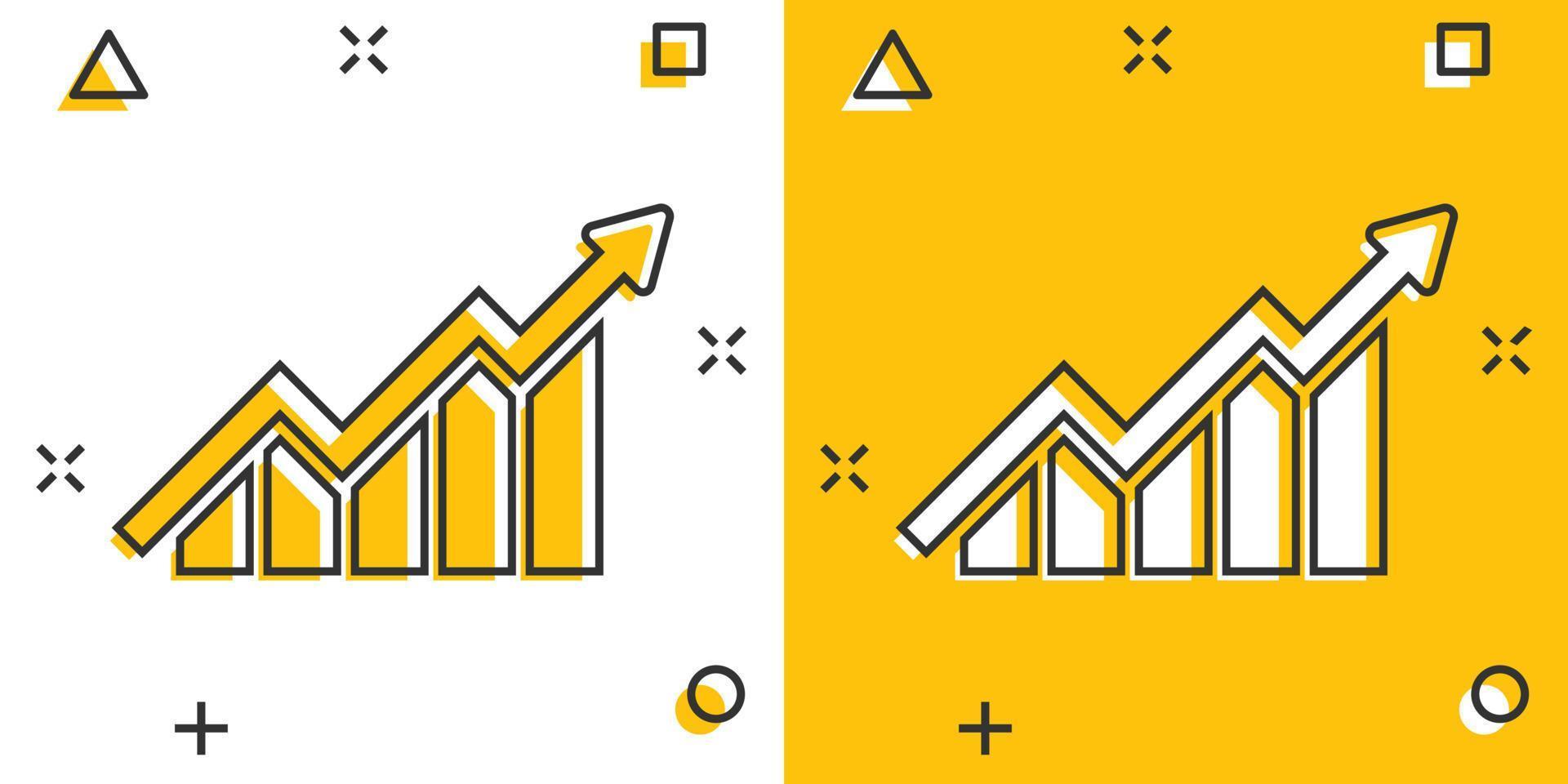 Growing bar graph icon in comic style. Increase arrow vector cartoon illustration pictogram. Infographic progress business concept splash effect.