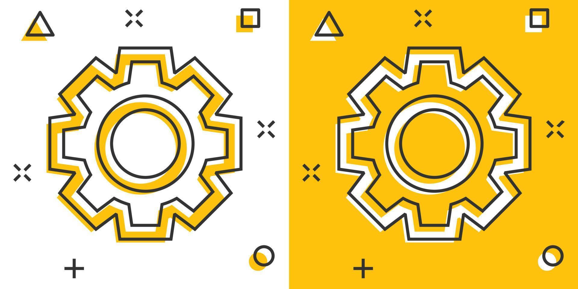 icono de engranaje de dibujos animados de vector en estilo cómico. Pictograma de ilustración del concepto de rueda dentada. concepto de efecto de salpicadura de negocio de rueda dentada de rueda dentada.