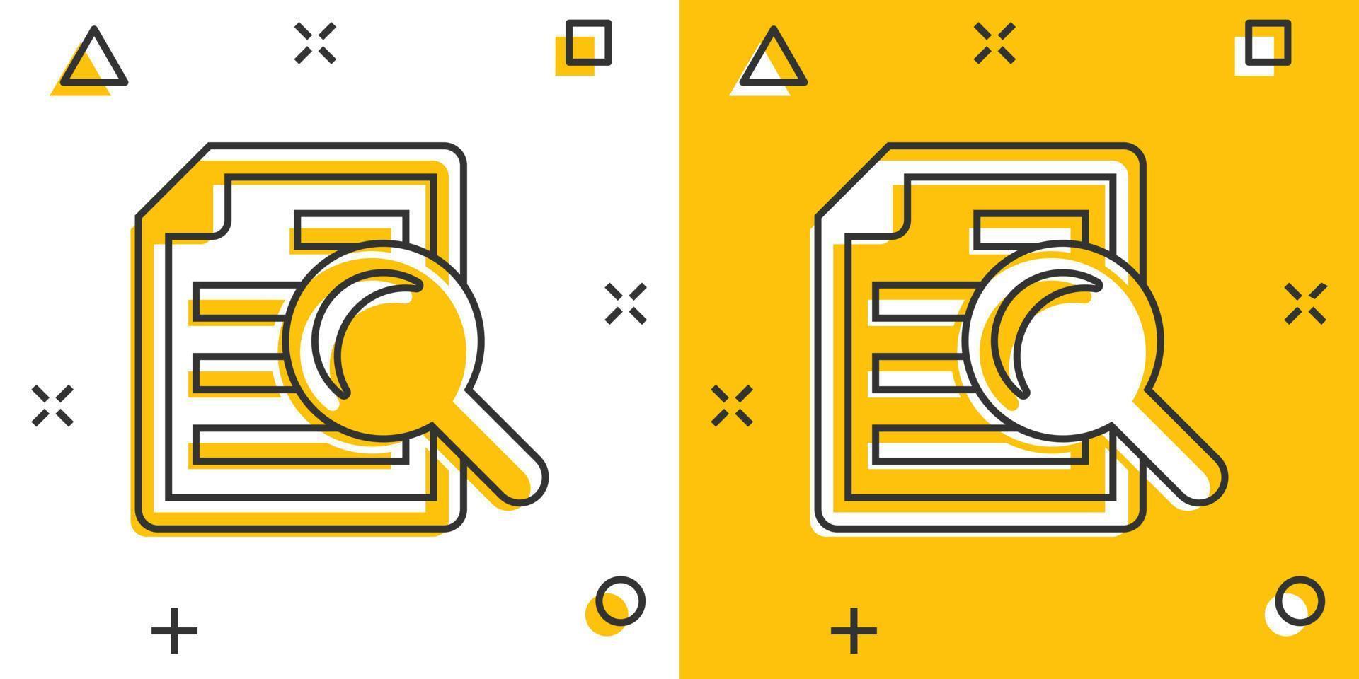 Scrutiny document plan icon in comic style. Review statement vector cartoon illustration pictogram. Document with magnifier loupe business concept splash effect.