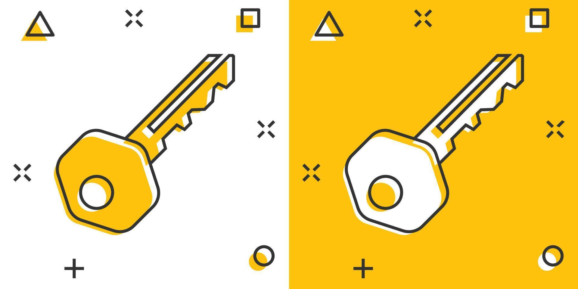 Key icon in comic style. Access login vector cartoon illustration pictogram. Password key business concept splash effect.