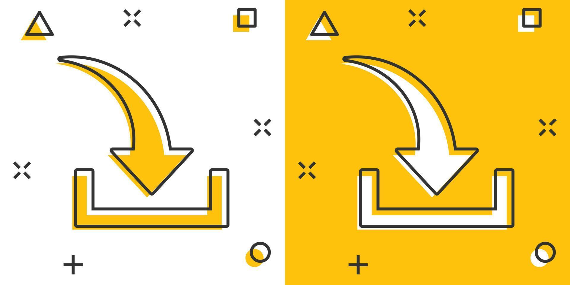 Download file icon in comic style. Arrow down downloading vector cartoon illustration pictogram. Download business concept splash effect.